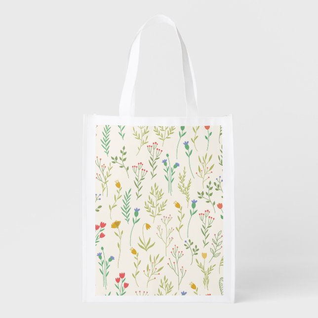 Spring Floral Flower Pattern Reusable Grocery Bag (Front)