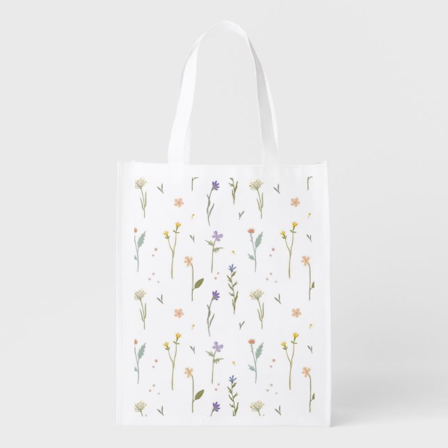 Spring Floral Flower Pattern Reusable Grocery Bag (Front)