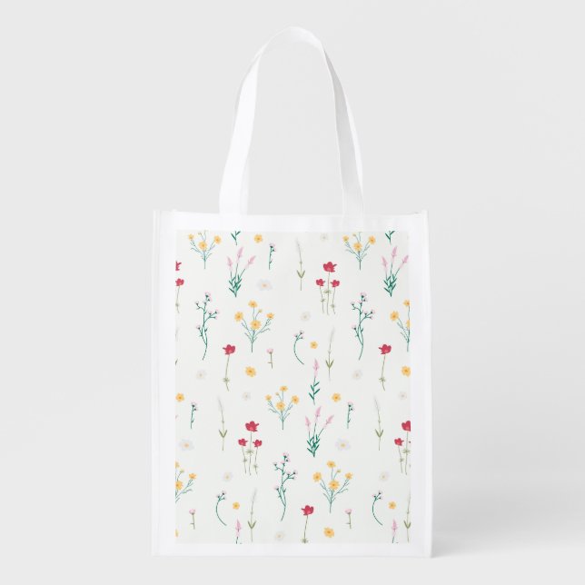 Spring Floral Flower Pattern Reusable Grocery Bag (Front)