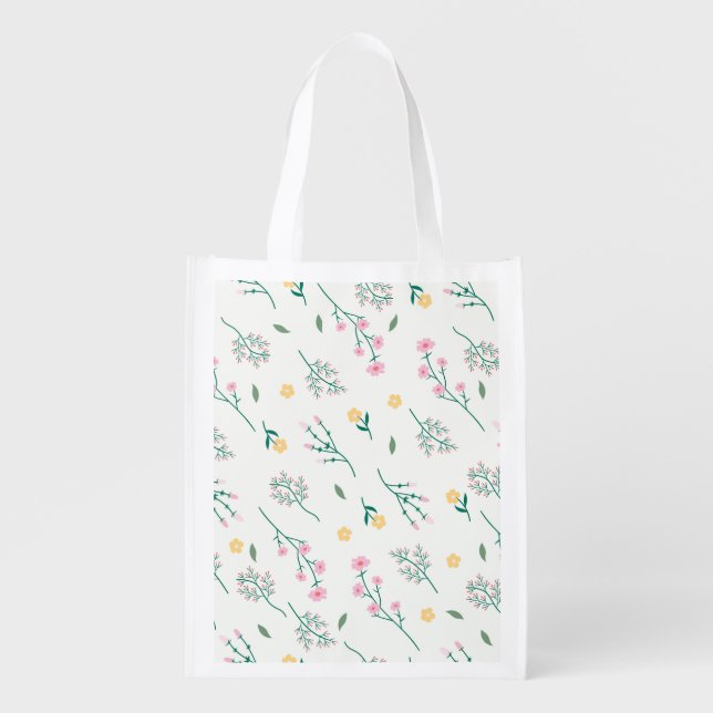 Spring Floral Flower Pattern Reusable Grocery Bag (Front)