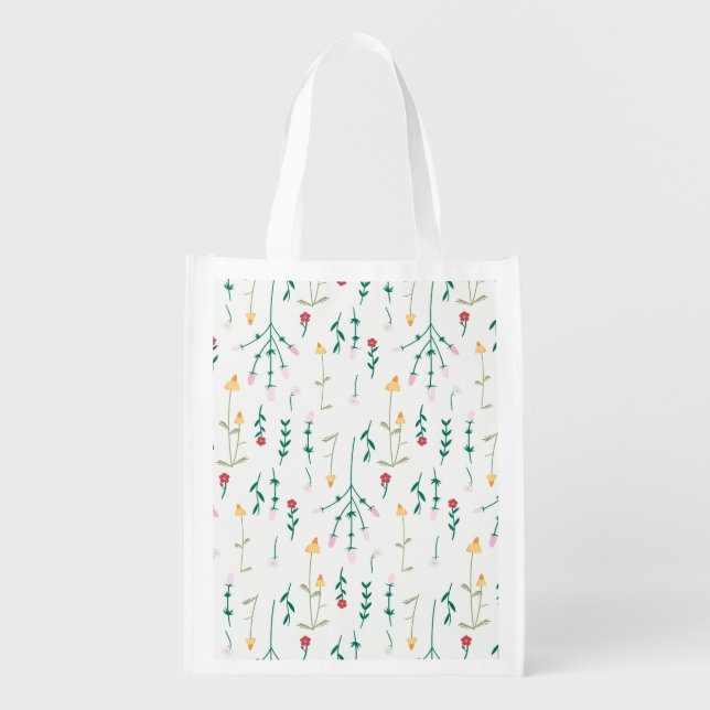 Spring Floral Flower Pattern Reusable Grocery Bag (Front)