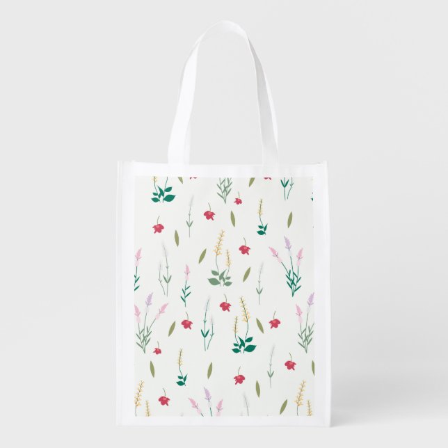 Spring Floral Flower Pattern Reusable Grocery Bag (Front)