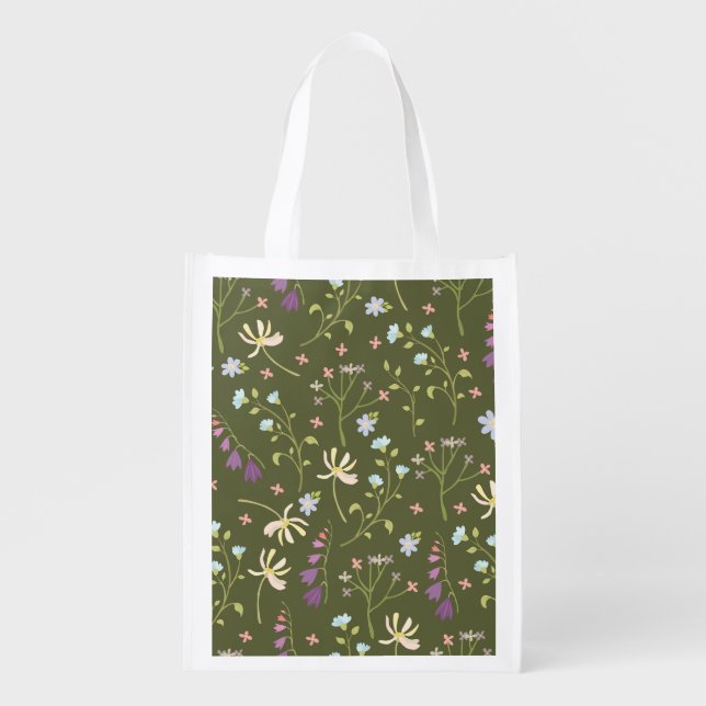 Spring Floral Flower Pattern Reusable Grocery Bag (Front)