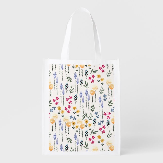 Spring Floral Flower Pattern Reusable Grocery Bag (Front)