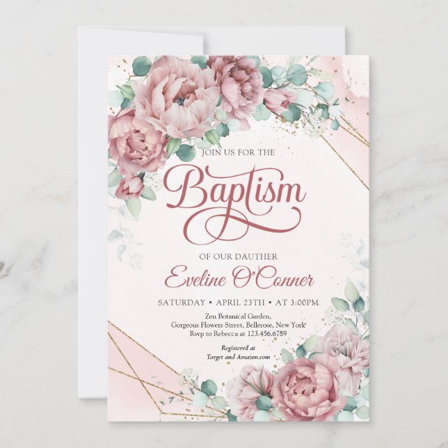 Spring floral garden rose gold blush roses Baptism Invitation (Front)