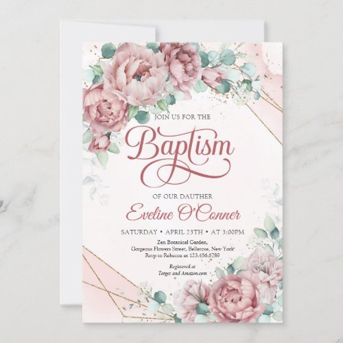 Spring floral garden rose gold blush roses Baptism Invitation