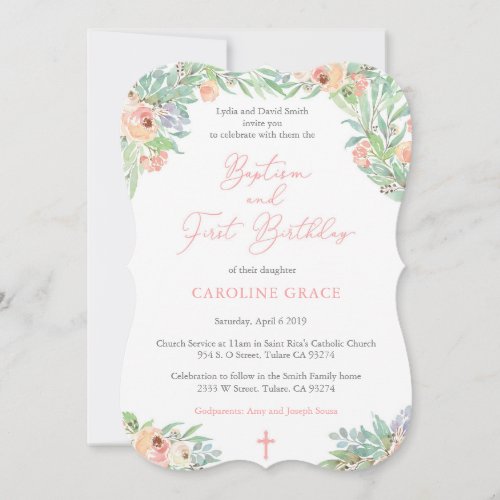 Spring Floral Girl Baptism and 1st Birthday Party Invitation