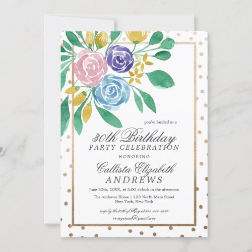 Spring Floral Gold Confetti Watercolor Birthday Invitation