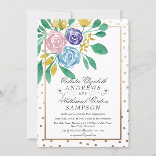 Spring Floral Gold Confetti Watercolor Engagement Invitation
