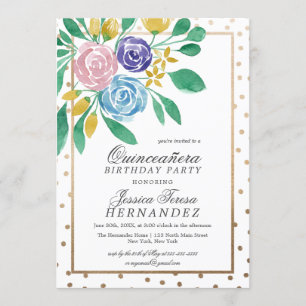 Spring Floral Gold Confetti Watercolor Quinceañera Invitation