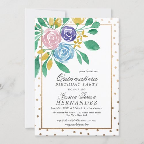 Spring Floral Gold Confetti Watercolor Quinceaera Invitation