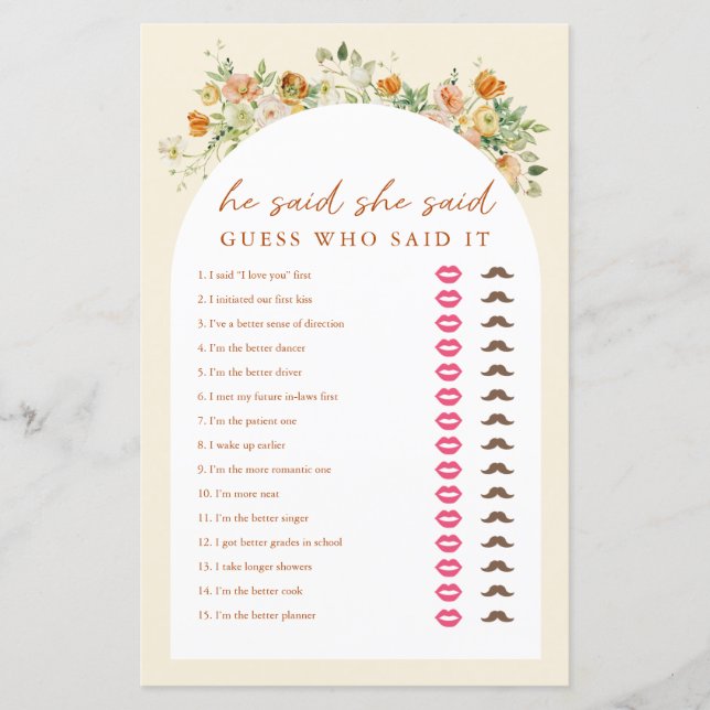 Spring Floral He Said She Said Bridal Shower Game (Front)