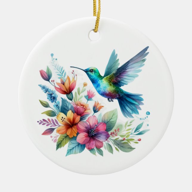 Spring Floral Hummingbird Ceramic Ornament (Front)