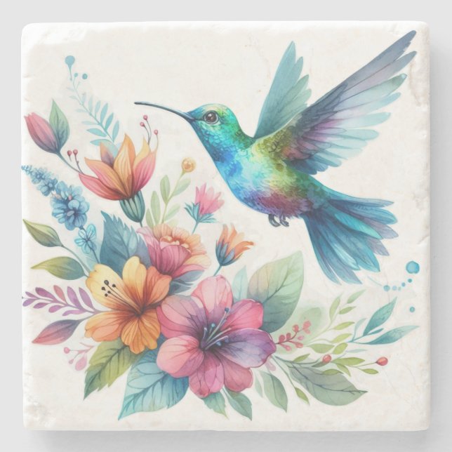 Spring Floral Hummingbird Stone Coaster (Front)