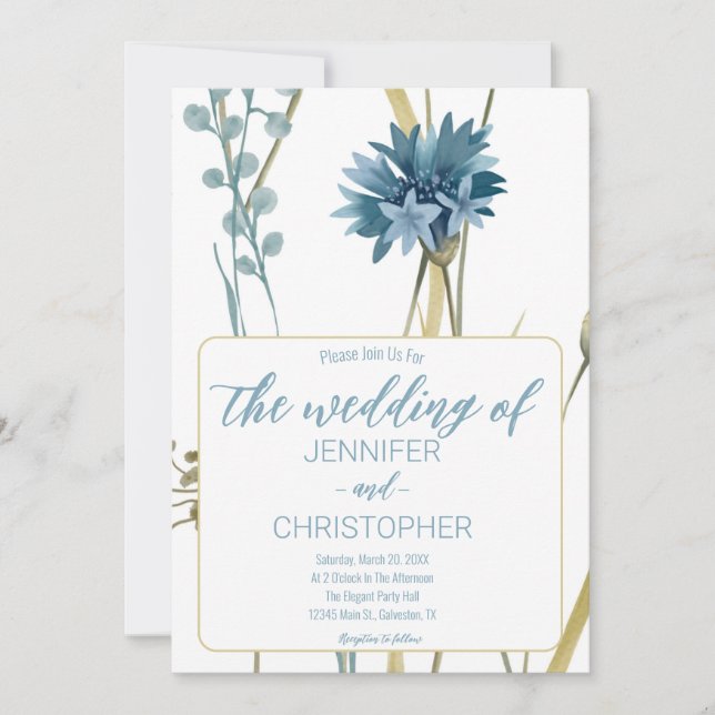 Spring Floral Light Blue Gold White Wedding Invitation (Front)