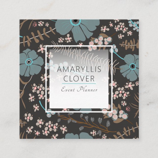 Spring Floral Mix Teal Pink Gray On Black Square Business Card (Front)