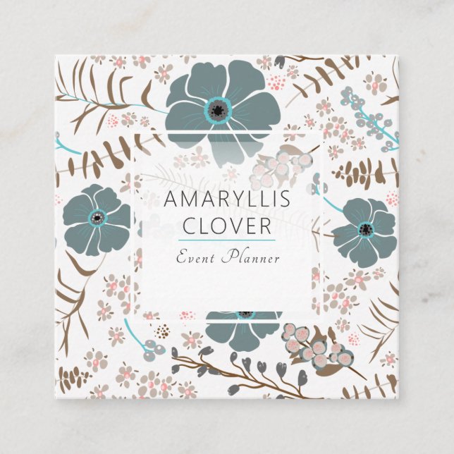 Spring Floral Mix Teal Pink Gray Square Business Card (Front)