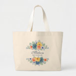 Spring Floral Modern Personalized Name | Wedding Large Tote Bag<br><div class="desc">This modern design features a spring floral in pretty coral, yellow, teal and navy blue with your personalized name with "Bridesmaid" below in navy blue typography. Personalize by editing the text in the text box provided. #wedding #weddings #bridesmaid #bridesmaidgifts #bridalparty #bridalpartygifts #favors #gifts #floral #flowers #botanical #personalized #name #modern #chic...</div>
