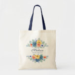 Spring Floral Modern Personalized Name | Wedding Tote Bag<br><div class="desc">This modern design features a spring floral in pretty coral, yellow, teal and navy blue with your personalized name with "Bridesmaid" below in navy blue typography. Personalize by editing the text in the text box provided. #wedding #weddings #bridesmaid #bridesmaidgifts #bridalparty #bridalpartygifts #favors #gifts #floral #flowers #botanical #personalized #name #modern #chic...</div>