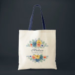 Spring Floral Modern Personalized Name | Wedding Tote Bag<br><div class="desc">This modern design features a spring floral in pretty coral, yellow, teal and navy blue with your personalized name with "Flower Girl" below in navy blue typography. Personalize by editing the text in the text box provided. #wedding #weddings #flowergirl #flowergirlgifts #bridalparty #bridalpartygifts #favors #gifts #floral #flowers #botanical #personalized #name #modern...</div>
