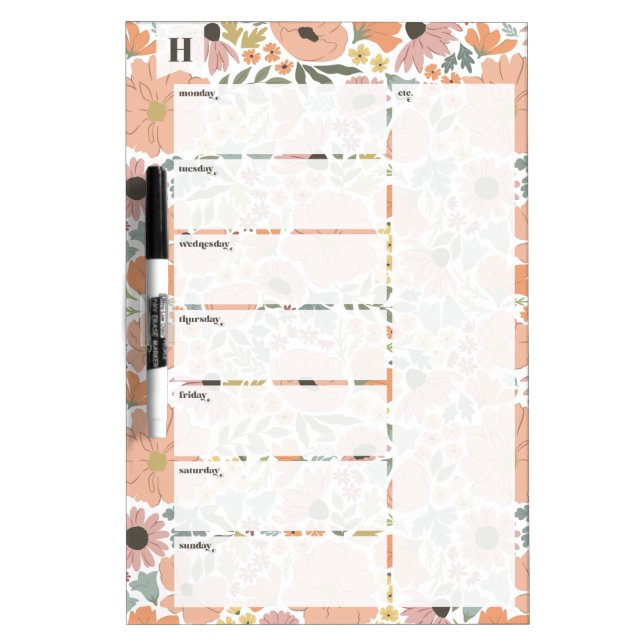 Spring Floral Monogram Weekly Calendar Dry Erase Board (Front)