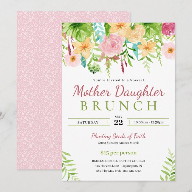 Spring Floral Mother Daughter Church Brunch Invitation (Front/Back)