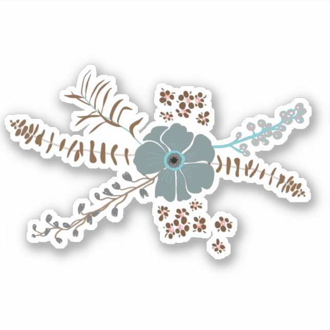 Spring Floral Motif Teal Brown Gray Whimsical Sticker (Front)