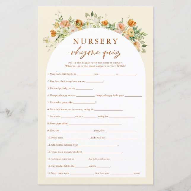 Spring Floral Nursery Rhymes Quiz Baby Shower Game (Front)