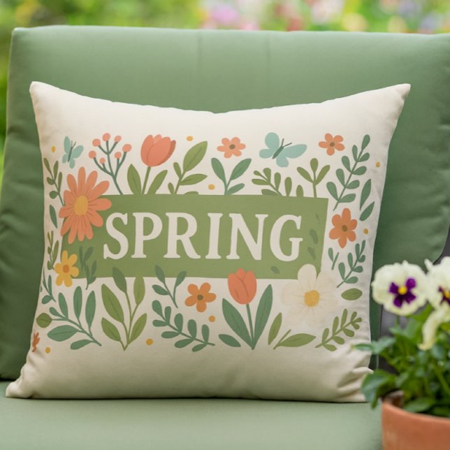 Spring Floral on Tan Color  Outdoor Pillow (Creator Uploaded)