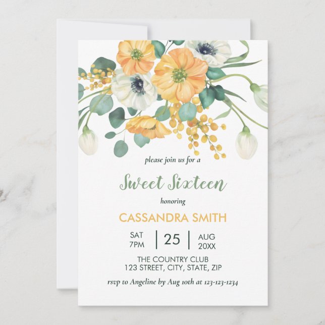 Spring  Floral Orange & White Anemone Birthday  Invitation (Front)