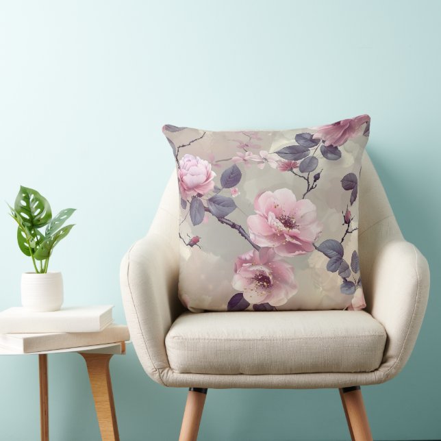 Spring Floral Over Neutral Throw Pillow (Chair)