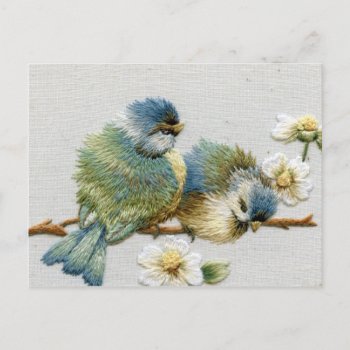 Spring Floral Pastel Mint Green Embroidery Bird Postcard by WhenWestMeetEast at Zazzle