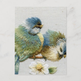 Spring floral pastel mint green embroidery bird postcard