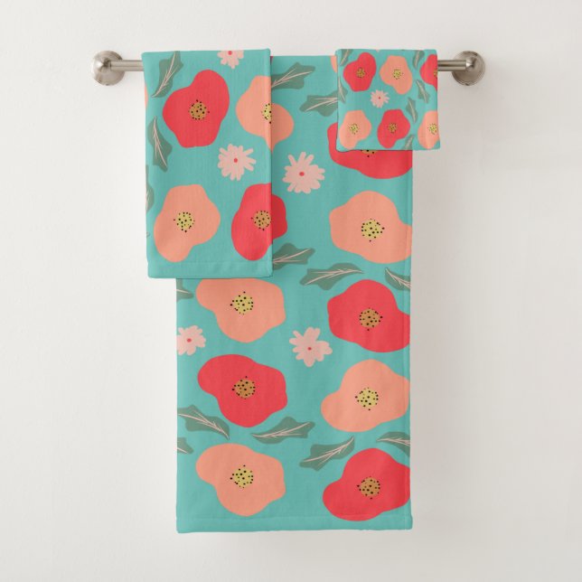 Spring Floral Pattern Hand Drawn Teal Peach Bath Towel Set (Insitu)