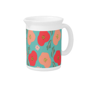 Spring Floral Pattern Hand Drawn Teal Peach Beverage Pitcher