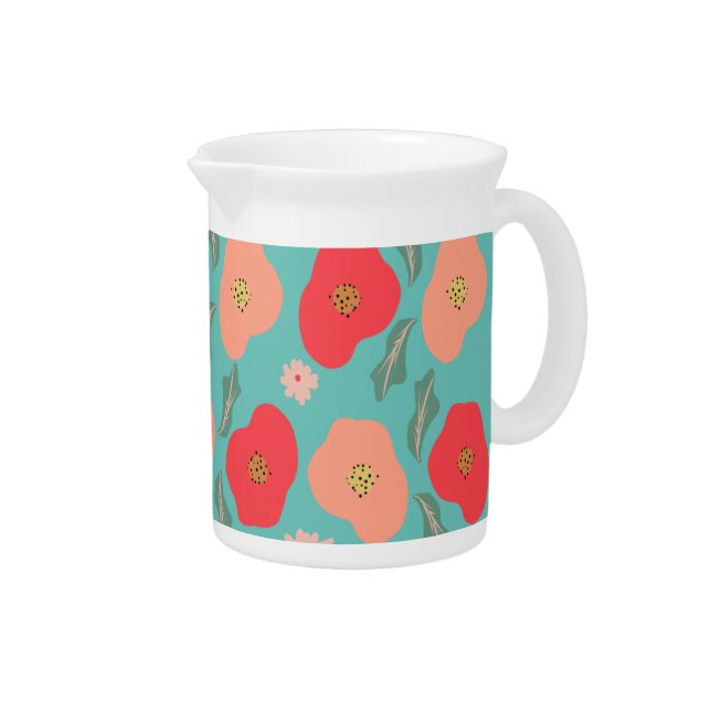 Spring Floral Pattern Hand Drawn Teal Peach Beverage Pitcher (Right)