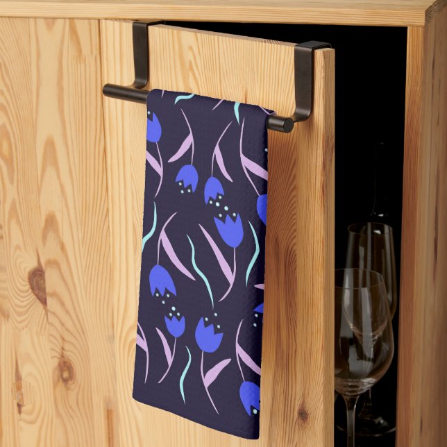 Spring Floral Pattern on Dark Blue Background Kitchen Towel (Thirds Fold)