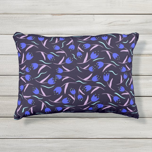 Spring Floral Pattern on Dark Blue Background Outdoor Pillow (Front)