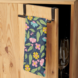 Spring Floral Pattern on Dark Blue Kitchen Towel
