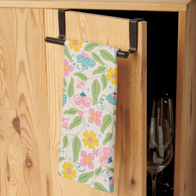 Spring Floral Pattern on Pink Kitchen Towel (Thirds Fold)