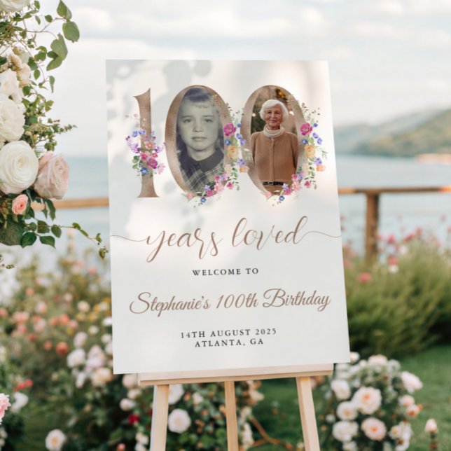 Spring Floral Photo 100th Birthday Welcome Poster (Creator Uploaded)