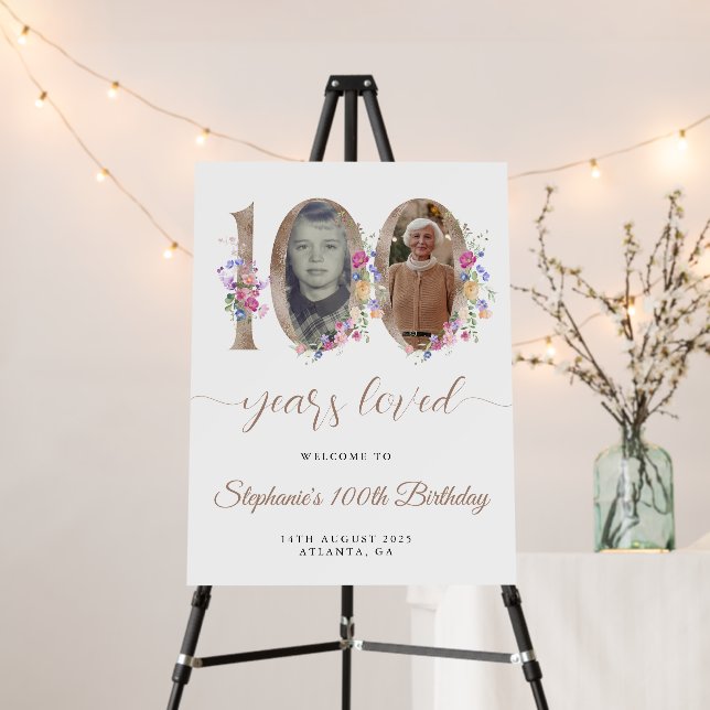 Spring Floral Photo 100th Birthday Welcome Poster (In Situ (Stand))