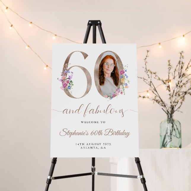 Spring Floral Photo 60th Birthday Welcome Foam Board (In Situ (Stand))