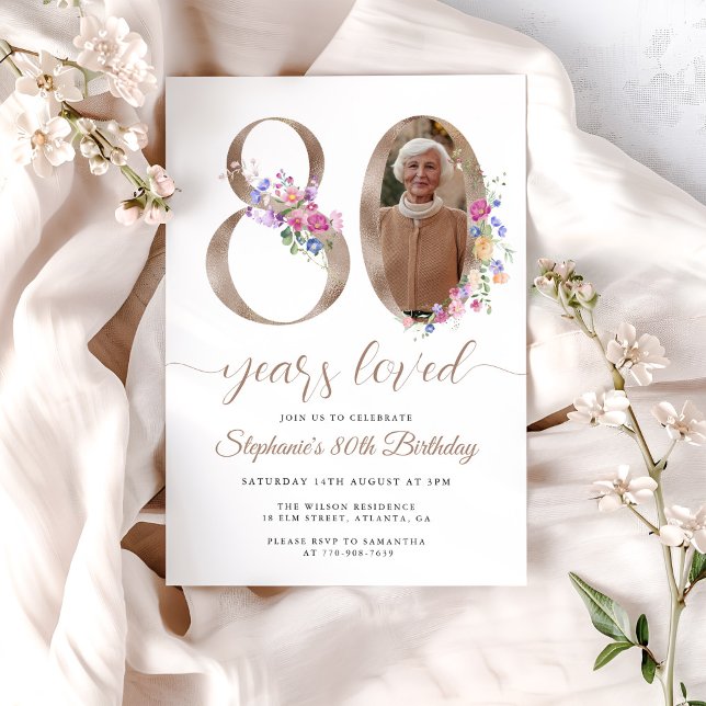 Spring Floral Photo 80th Birthday Invitation (Creator Uploaded)