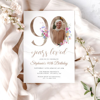 Spring Floral Photo 90th Birthday Invitation