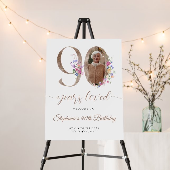 Spring Floral Photo 90th Birthday Welcome Foam Board (In Situ (Stand))