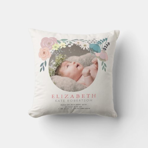 Spring Floral Pink Baby Stats Photo Throw Pillow