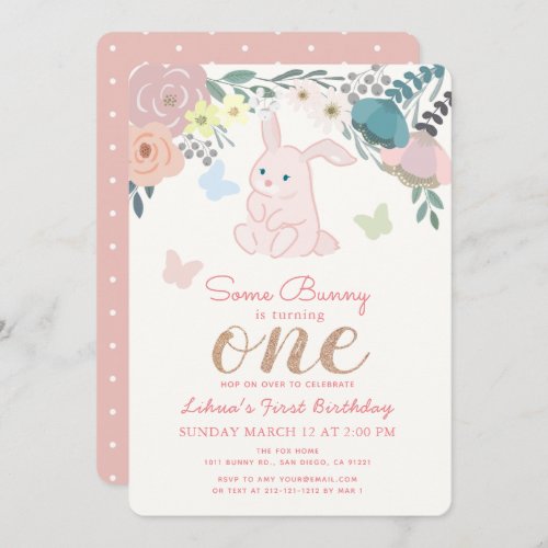 Spring Floral Pink Bunny Girls 1st Birthday Invitation