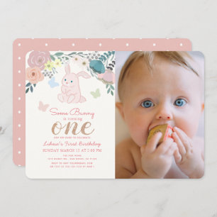 Spring Floral Pink Bunny Girl's 1st Photo Birthday Invitation
