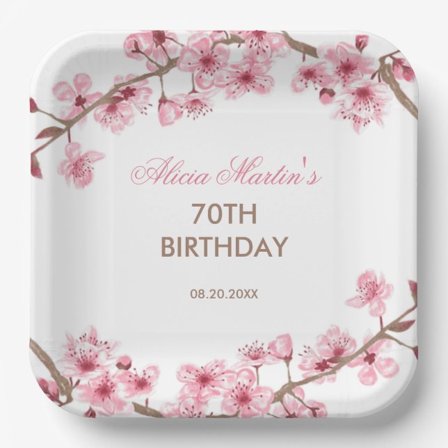 Spring Floral Pink Cherry Blossom Birthday  Paper Plates (Front)